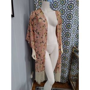 Lush Sheer Kimono/Wrap with Lace Inserts and Fringe